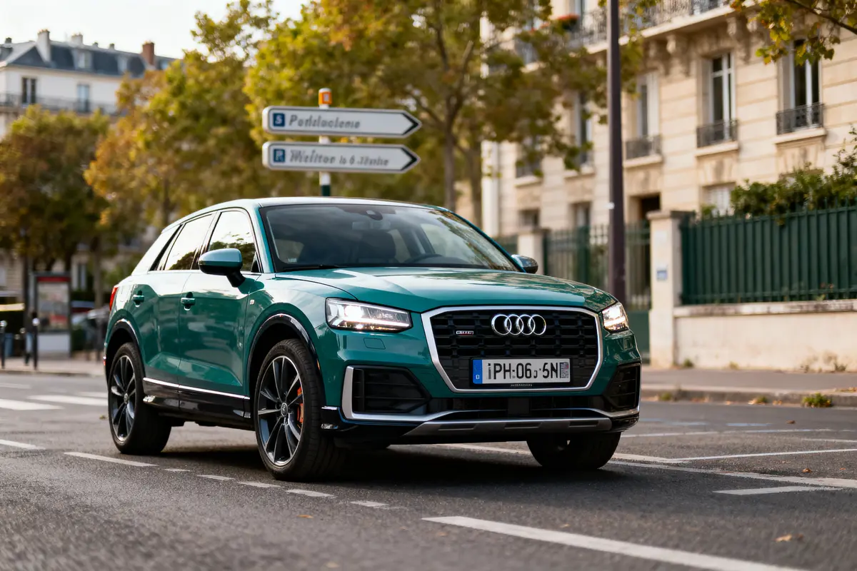 SUV Audi vert garé en ville avec panneaux routiers et bâtiments en arrière-plan.