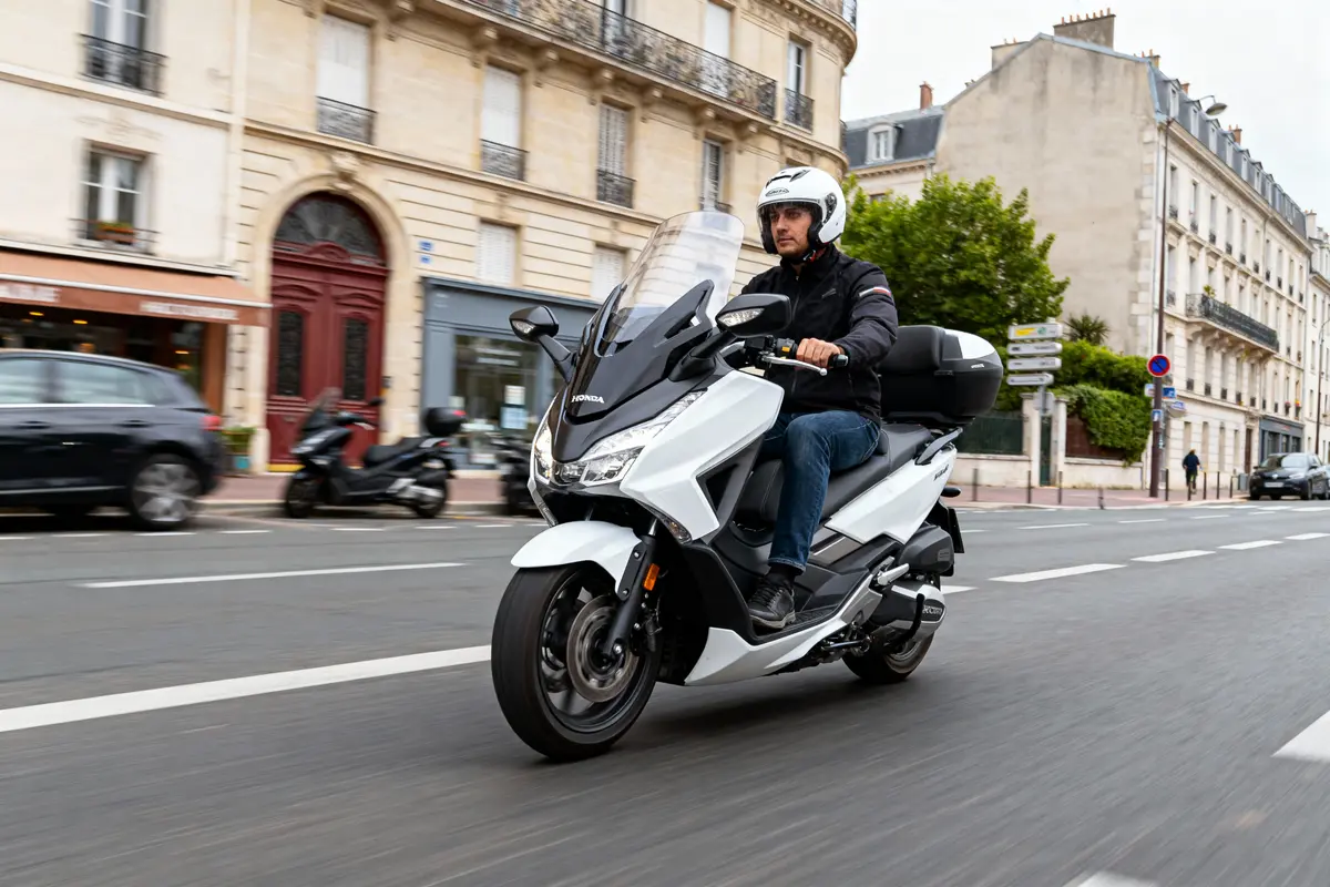 Homme en scooter blanc Honda conduisant dans une rue urbaine avec bâtiments en arrière-plan.