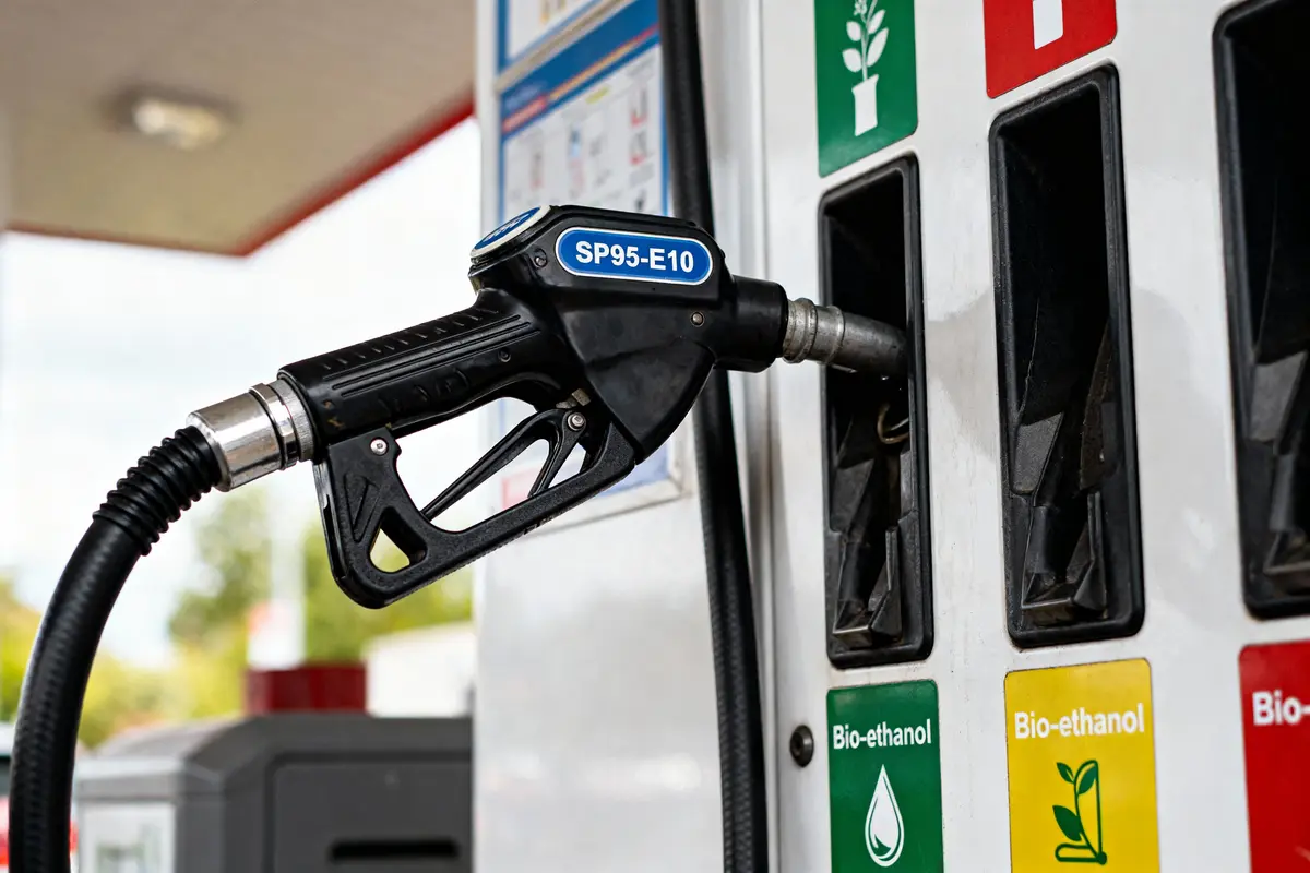 Pistolet de carburant SP95-E10 inséré dans une pompe avec options bio-éthanol, à une station-service.