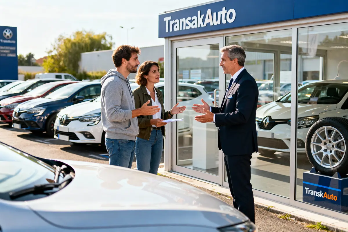 Deux personnes discutent avec un vendeur devant une concession automobile TransakAuto, entourés de voitures exposées.