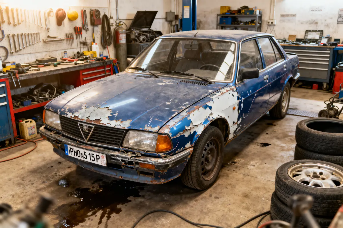 Voiture ancienne, peinture écaillée, dans un atelier mécanique avec outils, pneus, et traces d'huile au sol.