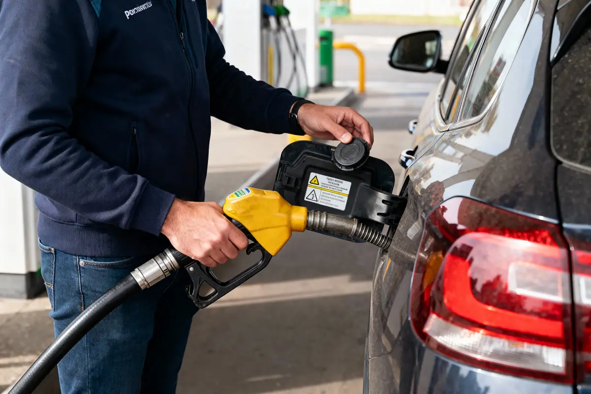 Personne faisant le plein d'une voiture avec une pompe à carburant jaune en station-service.