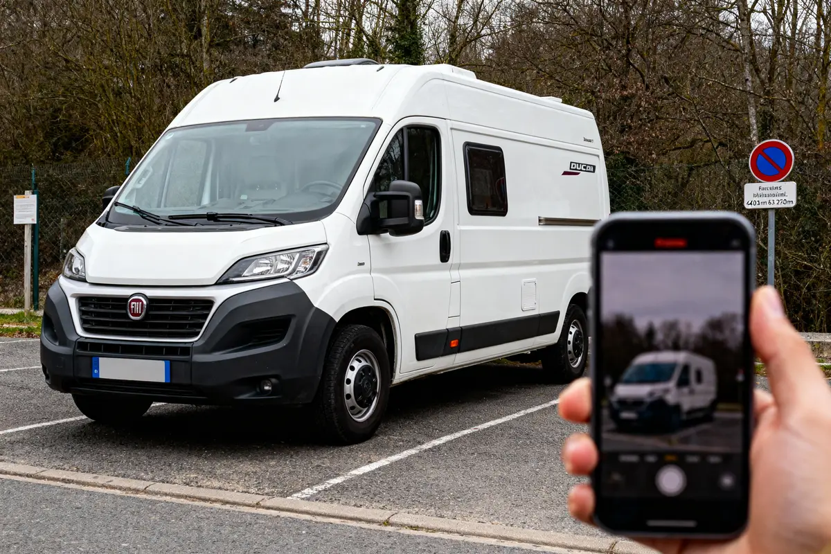 Un camping-car blanc photographié par un smartphone dans un parking, avec un panneau d'interdiction en arrière-plan.