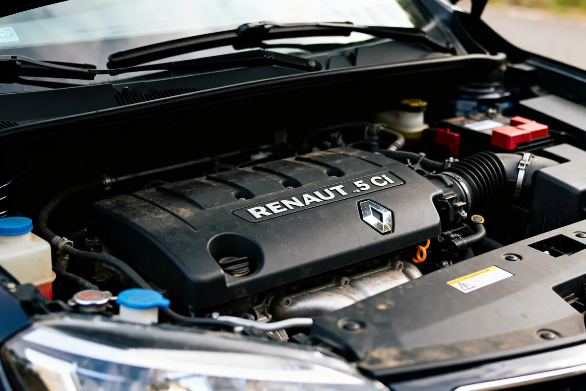 Moteur de voiture Renault avec logo visible sous le capot, tubes et composants adjacents.