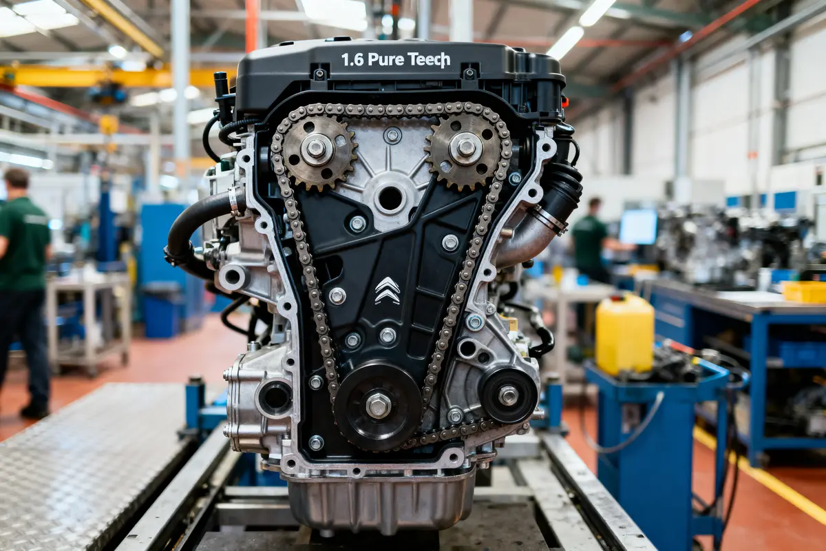 Moteur automobile 1.6 Pure Tech sur une chaîne de montage en usine, environné par équipements industriels.