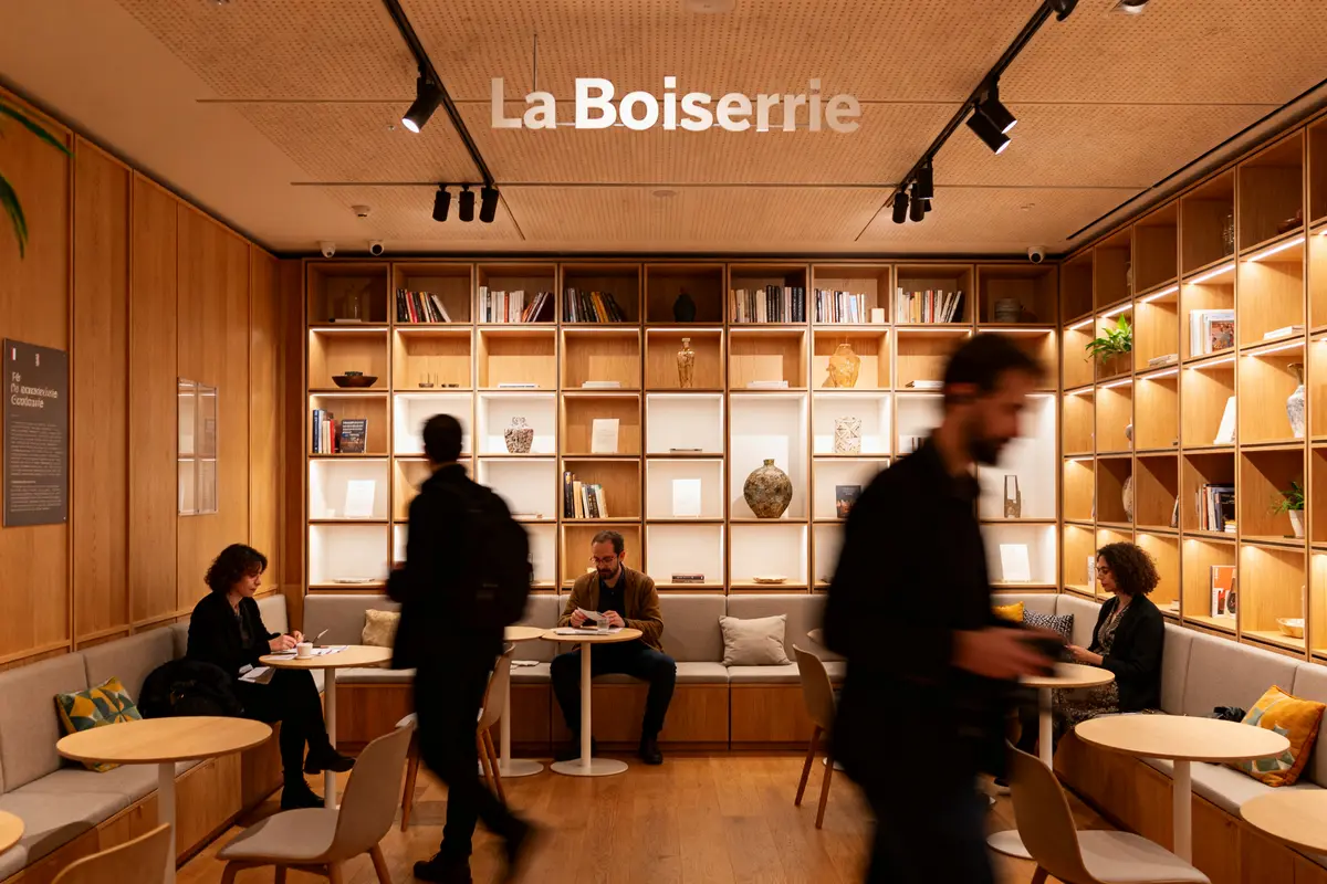 Salle de lecture chaleureuse avec étagères en bois, livres, personnes assises, tables rondes, "La Boisserie" en haut.