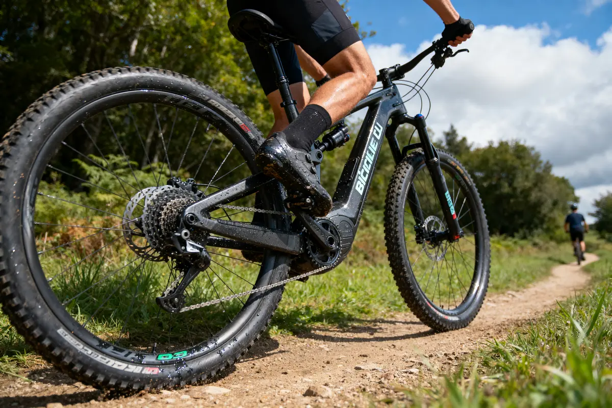 Un cycliste en VTT électrique sur un chemin de terre, entouré de verdure, sous un ciel légèrement nuageux.