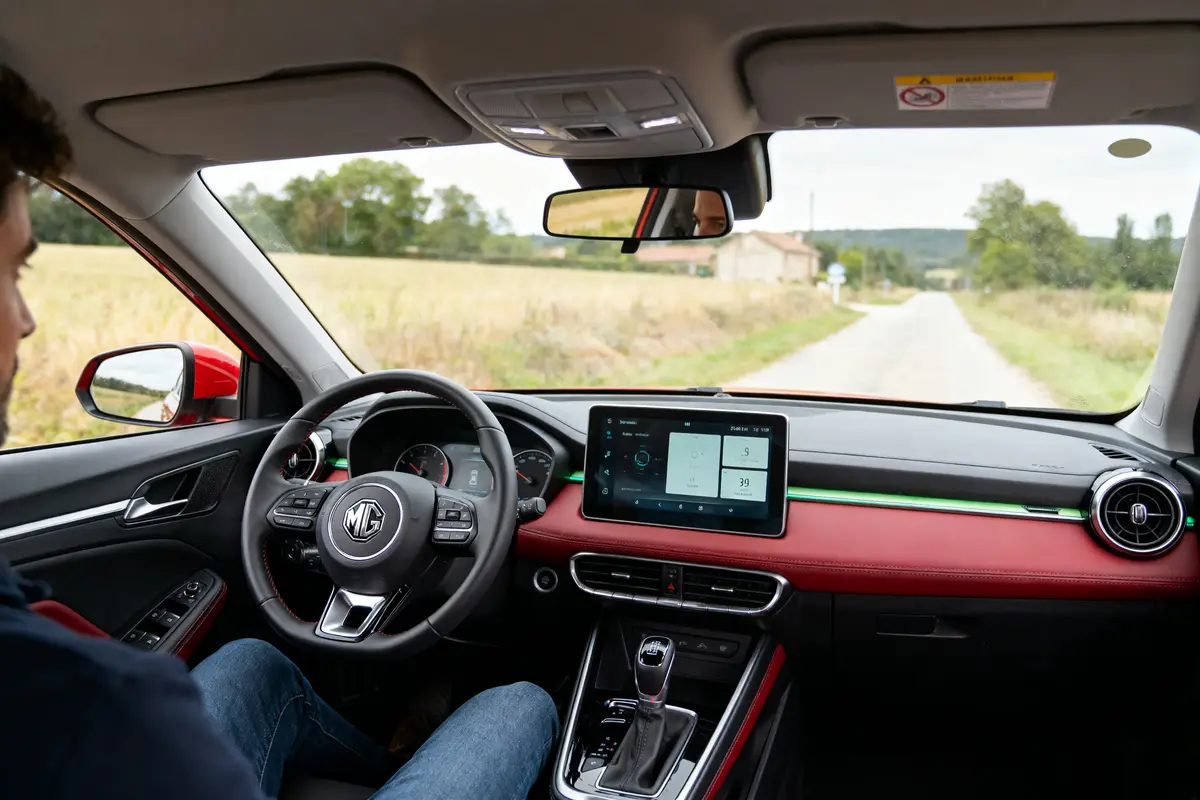 Intérieur d'une voiture MG, tableau de bord moderne, conducteur sur une route de campagne.