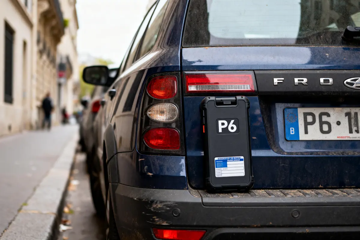 Voiture bleue garée avec dispositif P6 installé à l'arrière sur une rue urbaine.