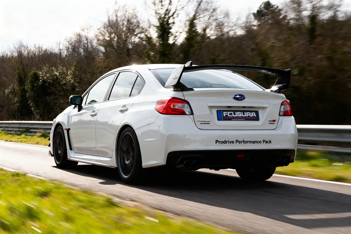 Voiture blanche sportive Subaru WRX en mouvement sur route bordée d’arbres, vue arrière.