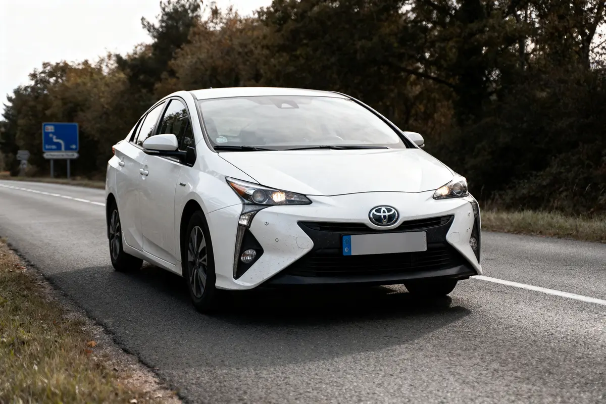 Voiture blanche Toyota Prius circulant sur route bordée d'arbres, panneau de signalisation bleue visible.