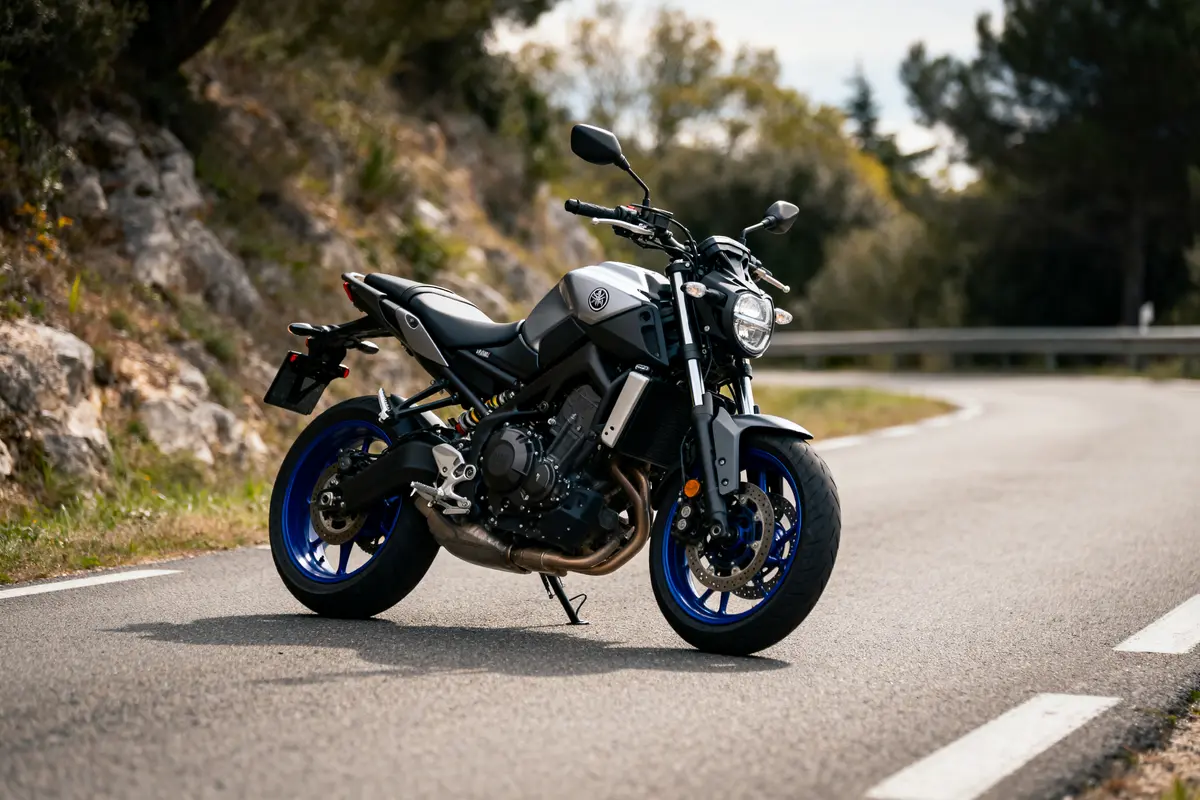 Moto noire et bleue garée sur une route sinueuse, paysage naturel en arrière-plan.
