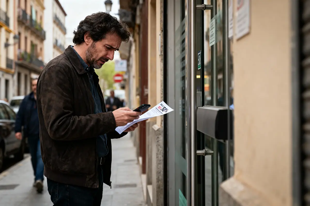 Homme lisant un document, vérifiant son téléphone, dans une rue urbaine, devant une porte vitrée.
