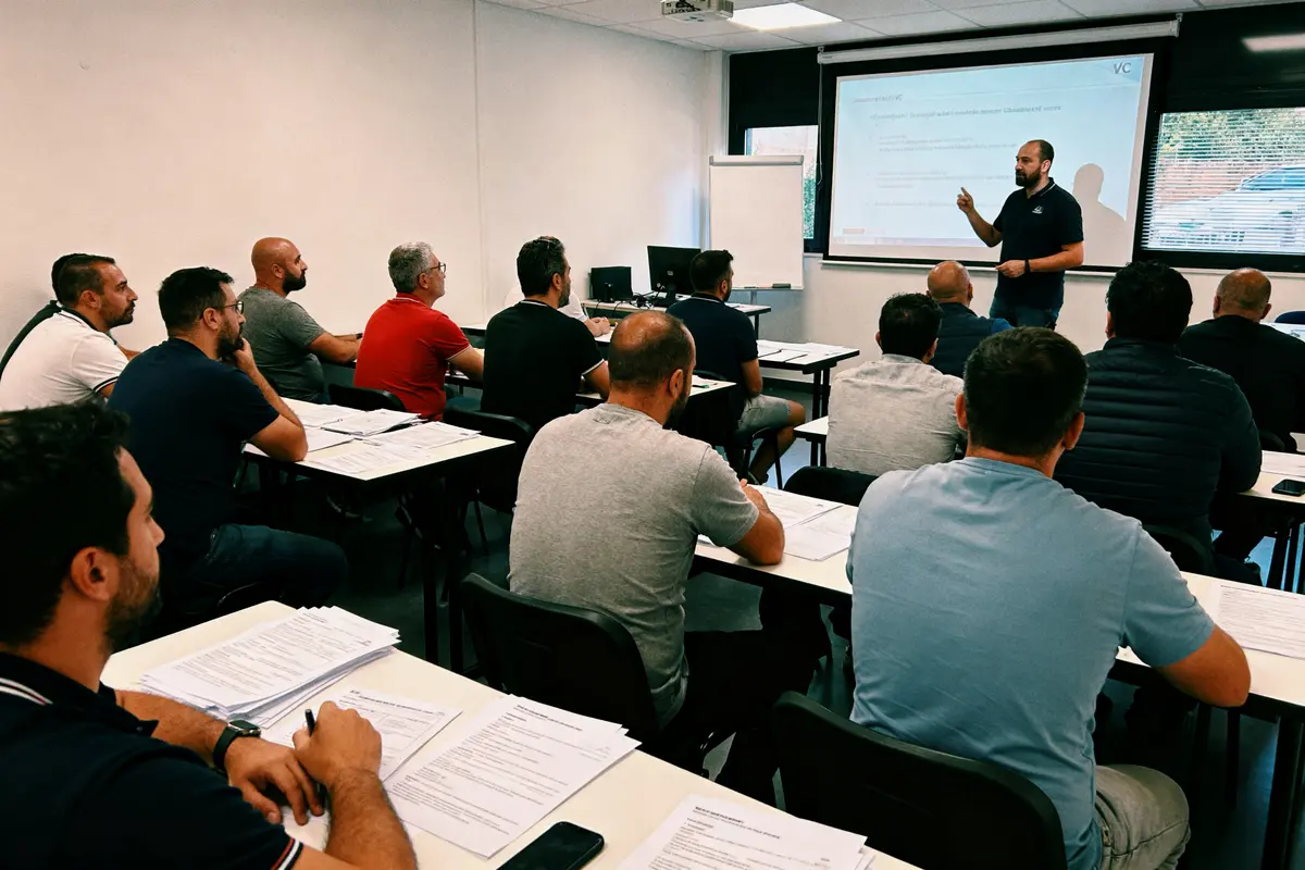 Homme enseignant à un groupe assis dans une salle de classe avec tableau et matériel sur tables.