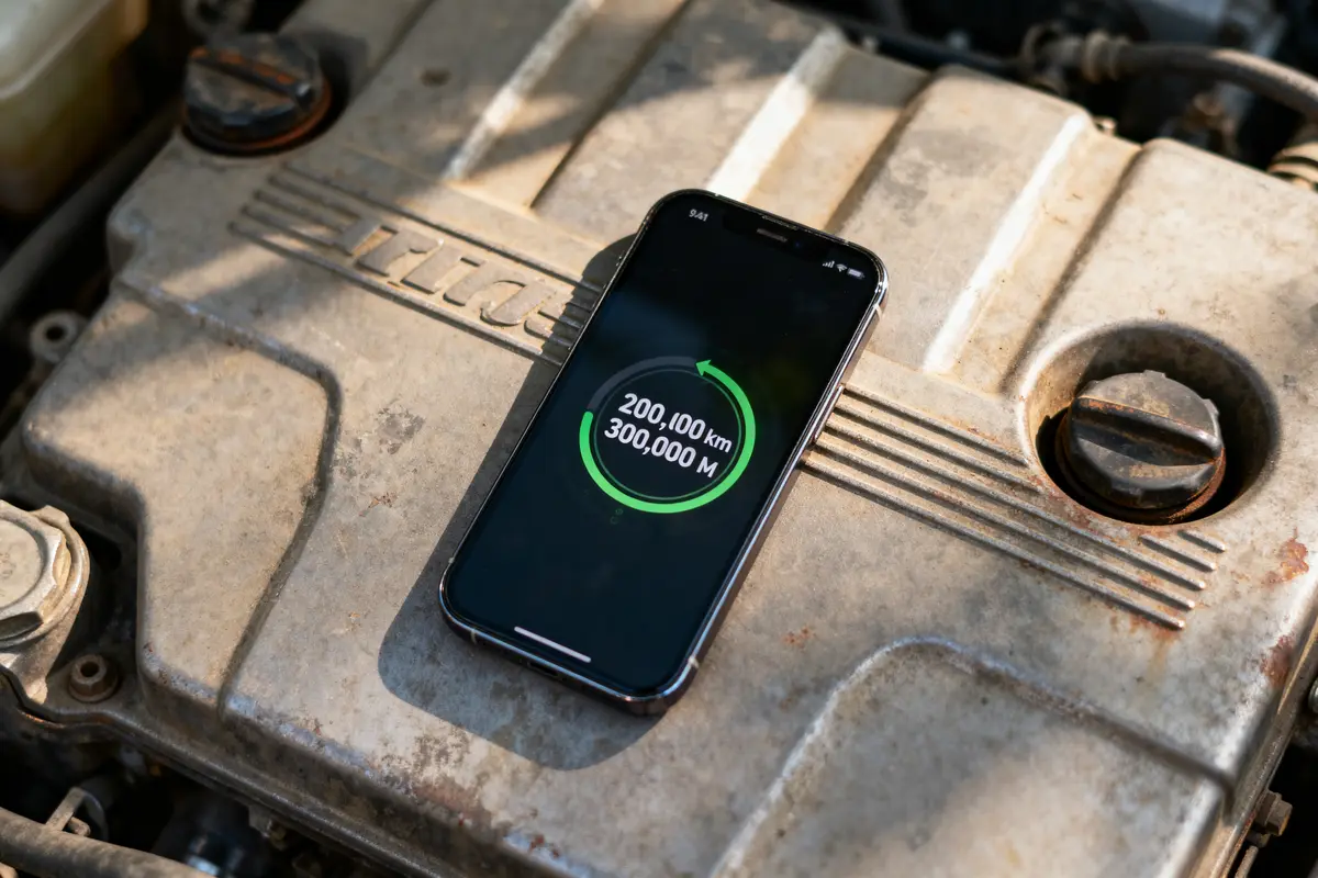 Téléphone affichant 200,100 km sur capot moteur de voiture, indiquant kilométrage atteint.