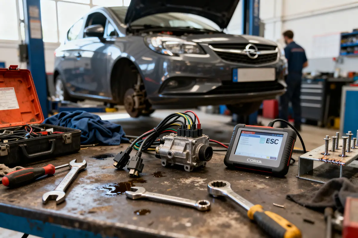 Voiture en réparation, capot ouvert, outils et appareil diagnostic sur table de garage. Mécanicien en arrière-plan.
