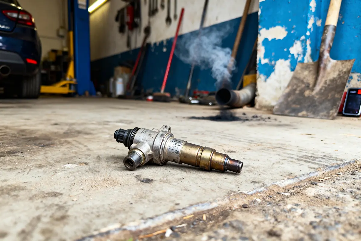Pièce de voiture métallique au sol dans un garage automobile, avec outils et voiture en arrière-plan.