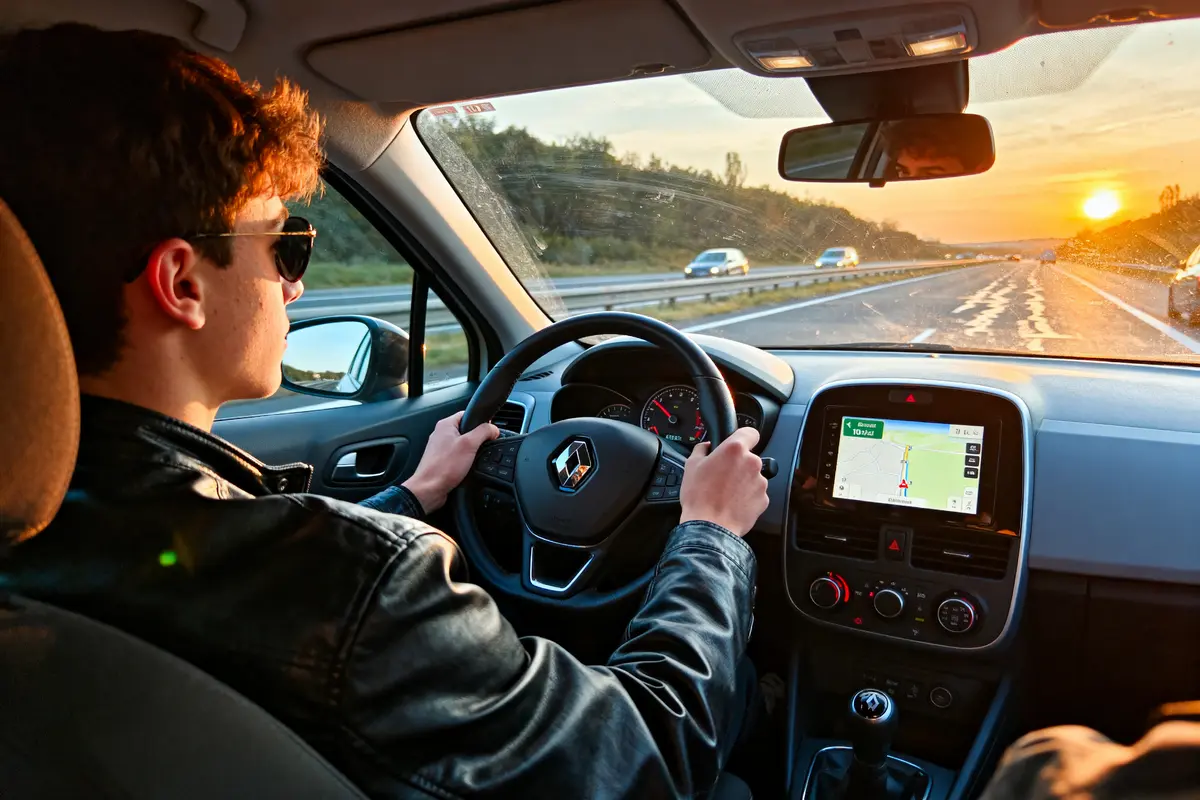 Homme conduisant une voiture au coucher du soleil, vue intérieure, utilisant un GPS, portant des lunettes de soleil.