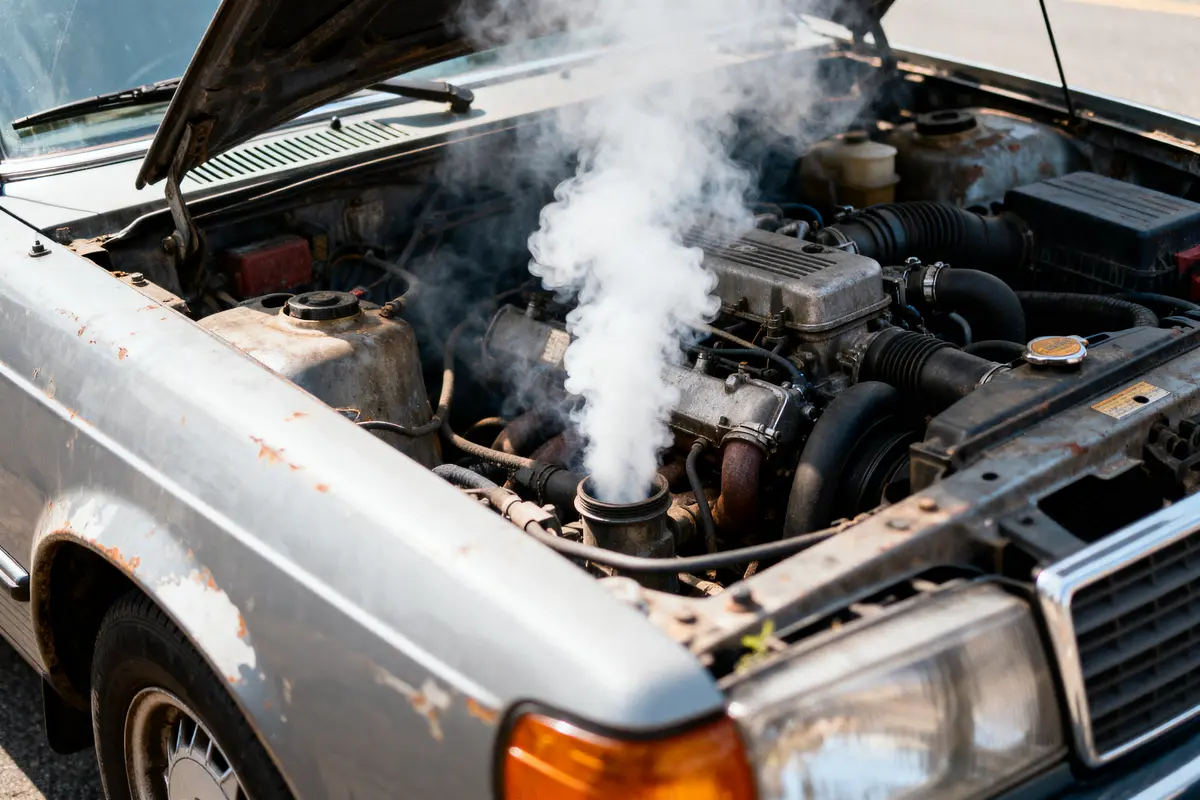 Moteur de voiture surchauffé avec capot ouvert et fumée blanche s'échappant.