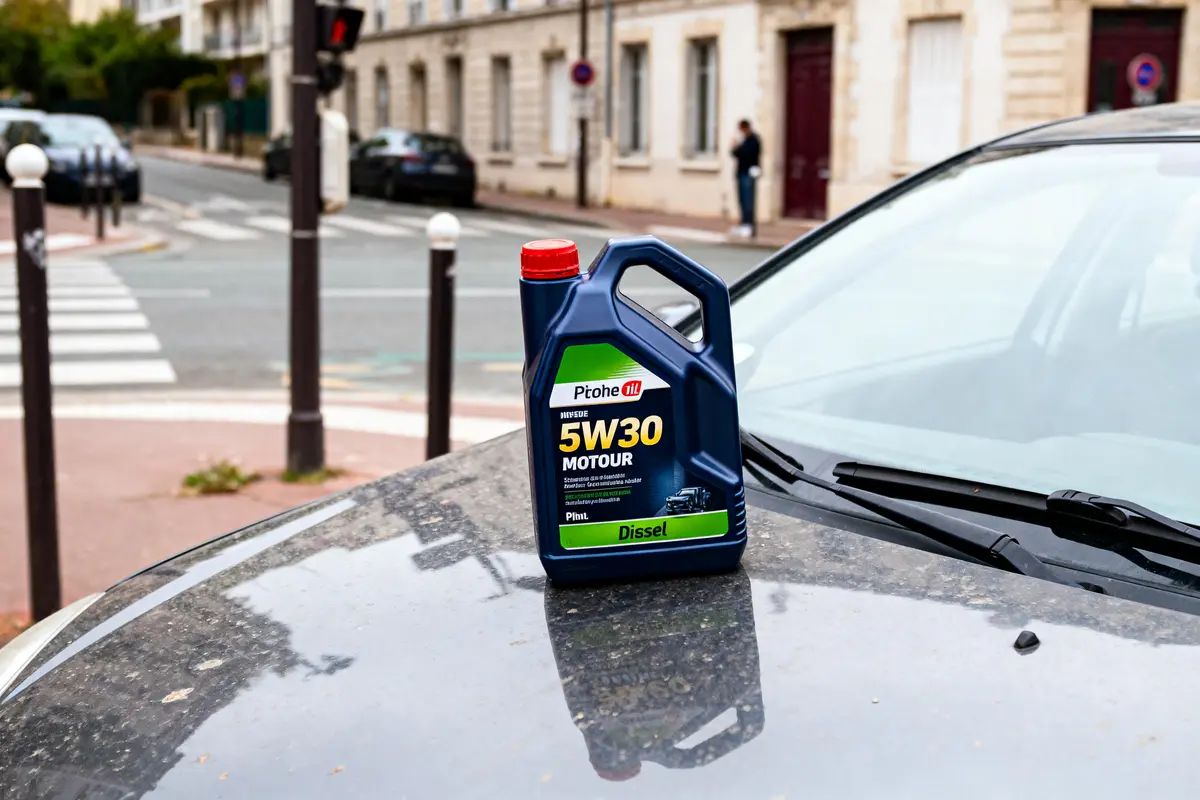Bidon d'huile moteur 5W30 sur capot de voiture, rue urbaine floue en arrière-plan.