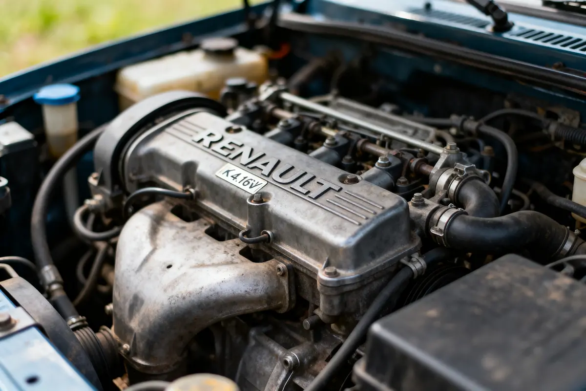 Moteur Renault K4.16V dans le compartiment avant d'une voiture, montrant composants mécaniques et tuyaux.