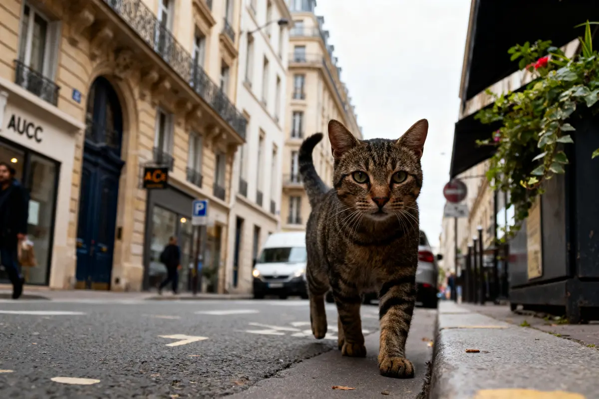 Chat tigré marchant sur un trottoir urbain, avec immeubles et passants en arrière-plan. Ambiance citadine animée.
