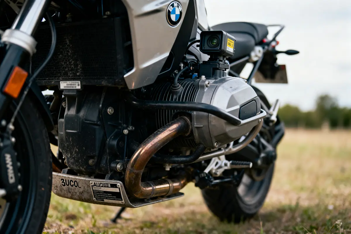Moto BMW avec caméra montée, vue moteur, sur sol herbeux en arrière-plan flou.
