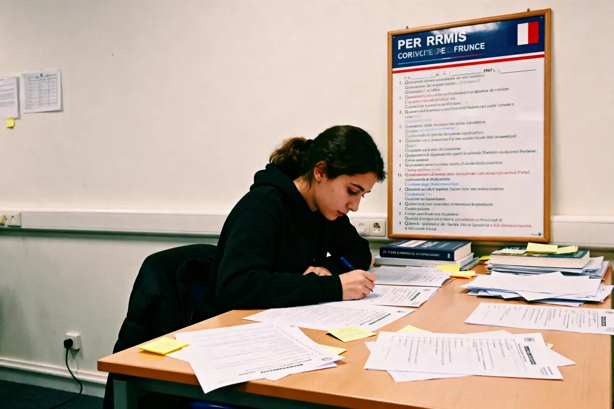 Femme étudiant à un bureau, entourée de papiers et livres, devant un panneau d'affichage en français.