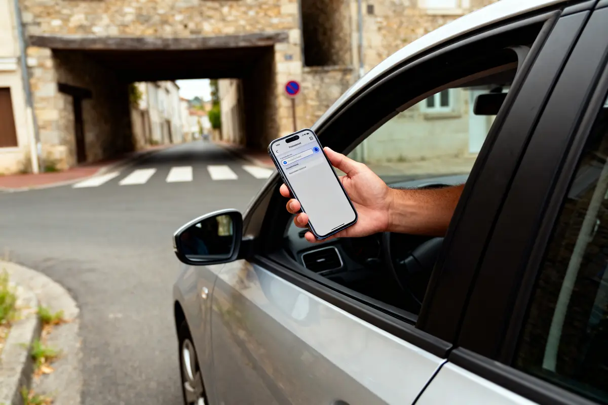 Personne tenant un smartphone dans une voiture, route calme avec passage piéton, petits bâtiments en arrière-plan.