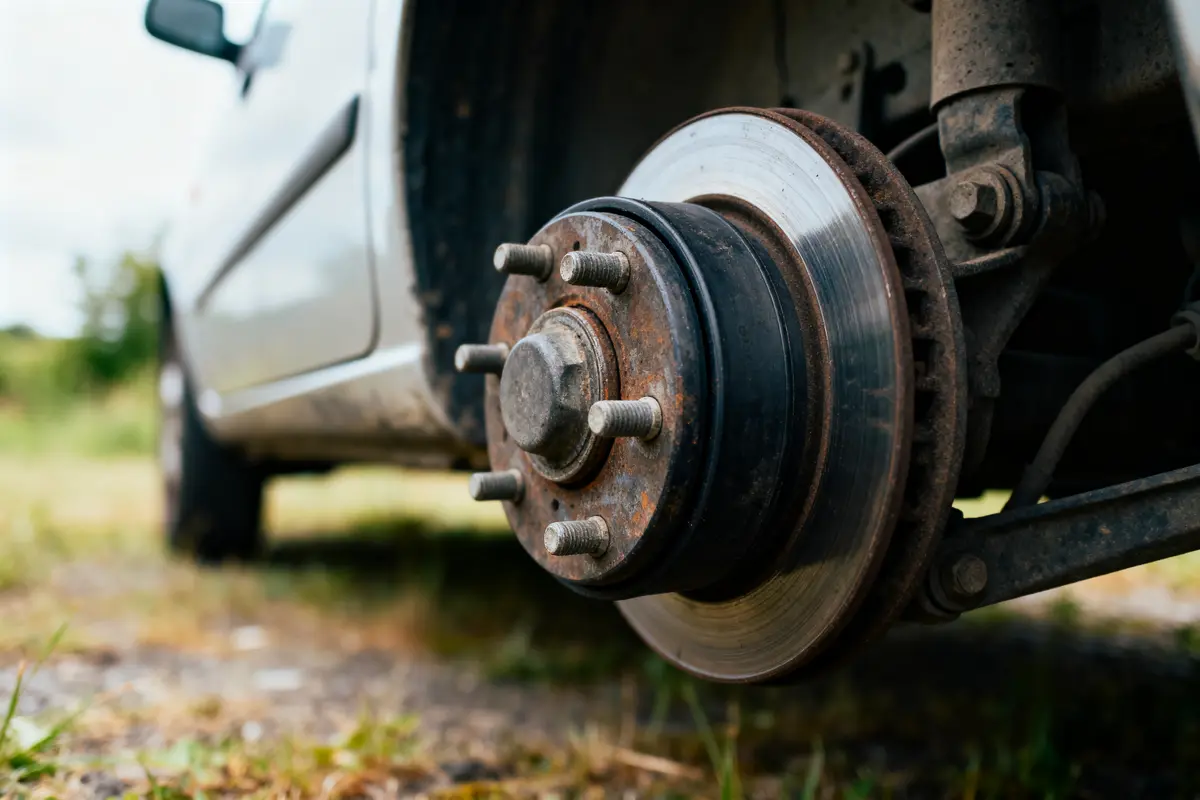 Roue de voiture sans pneu, montrant disque de frein usé, en extérieur.