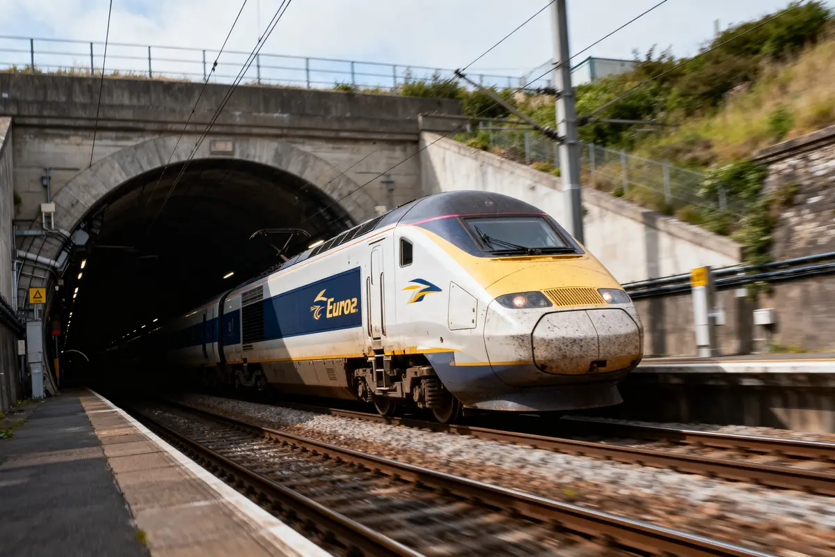 Train à grande vitesse Eurostar sortant d'un tunnel sur une voie ferrée en journée, paysage verdoyant.