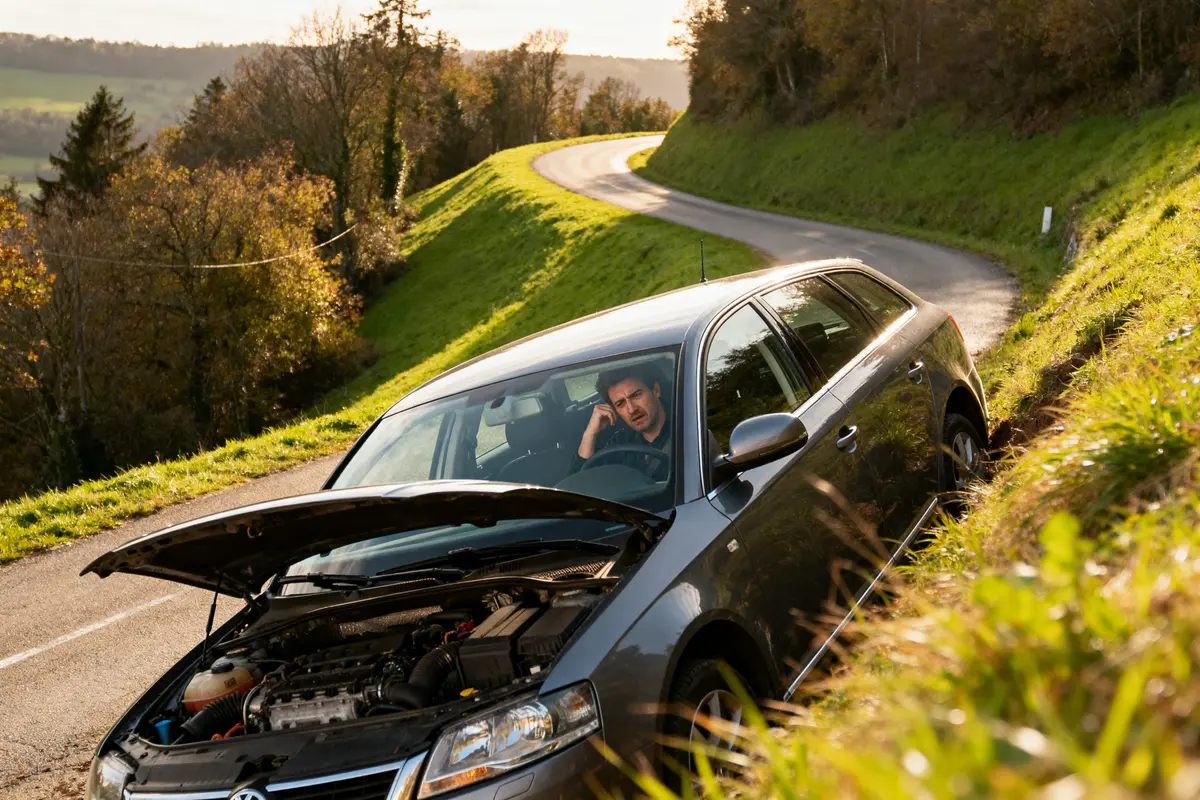 Voiture en panne sur route de campagne, capot ouvert, conducteur semble préoccupé à l'intérieur.