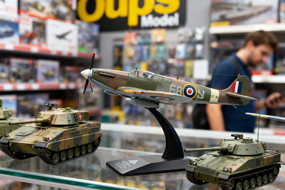 Maquettes d'avions et chars militaires en exposition dans une boutique de modélisme. Arrière-plan flou avec un homme.