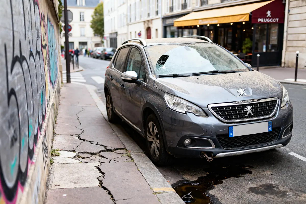 SUV Peugeot gris stationné rue parisienne, pare-brise fissuré, devant un café, trottoir abîmé.