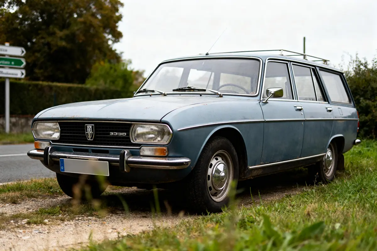 Voiture ancienne bleue station wagon garée sur l'herbe, panneaux routiers en arrière-plan.