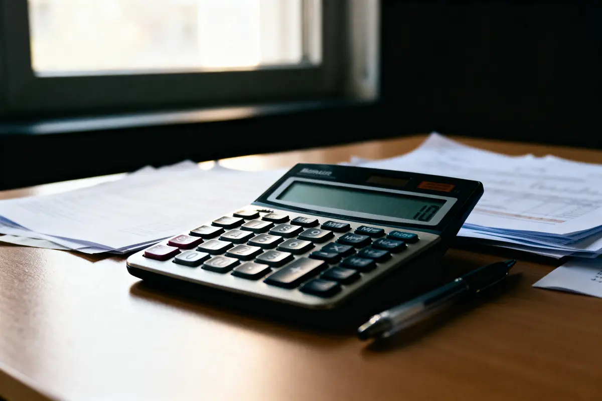 Calculatrice sur un bureau en bois, proche de documents et un stylo, près d'une fenêtre.