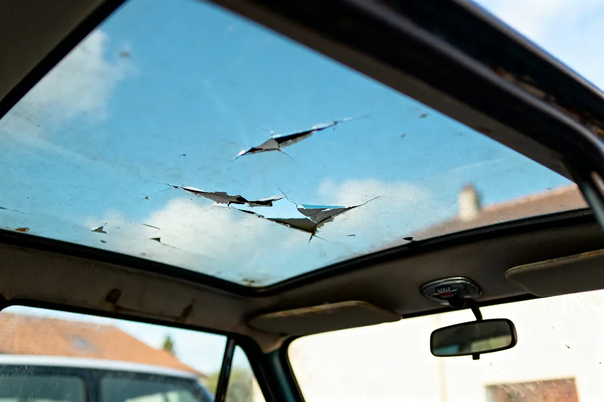 Toit ouvrant de voiture avec plusieurs fissures, ciel bleu en arrière-plan.