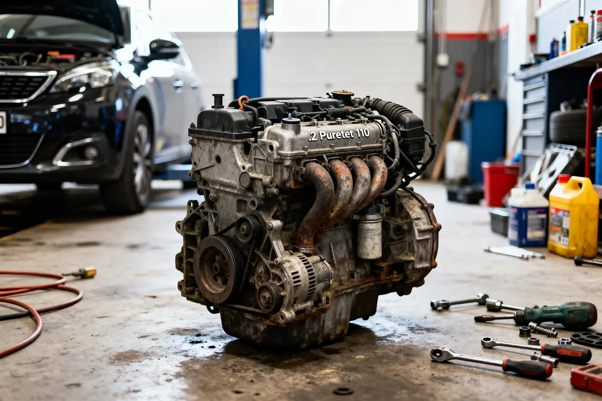Moteur PureTech 110 retiré d'une voiture dans un atelier, outils posés au sol devant.