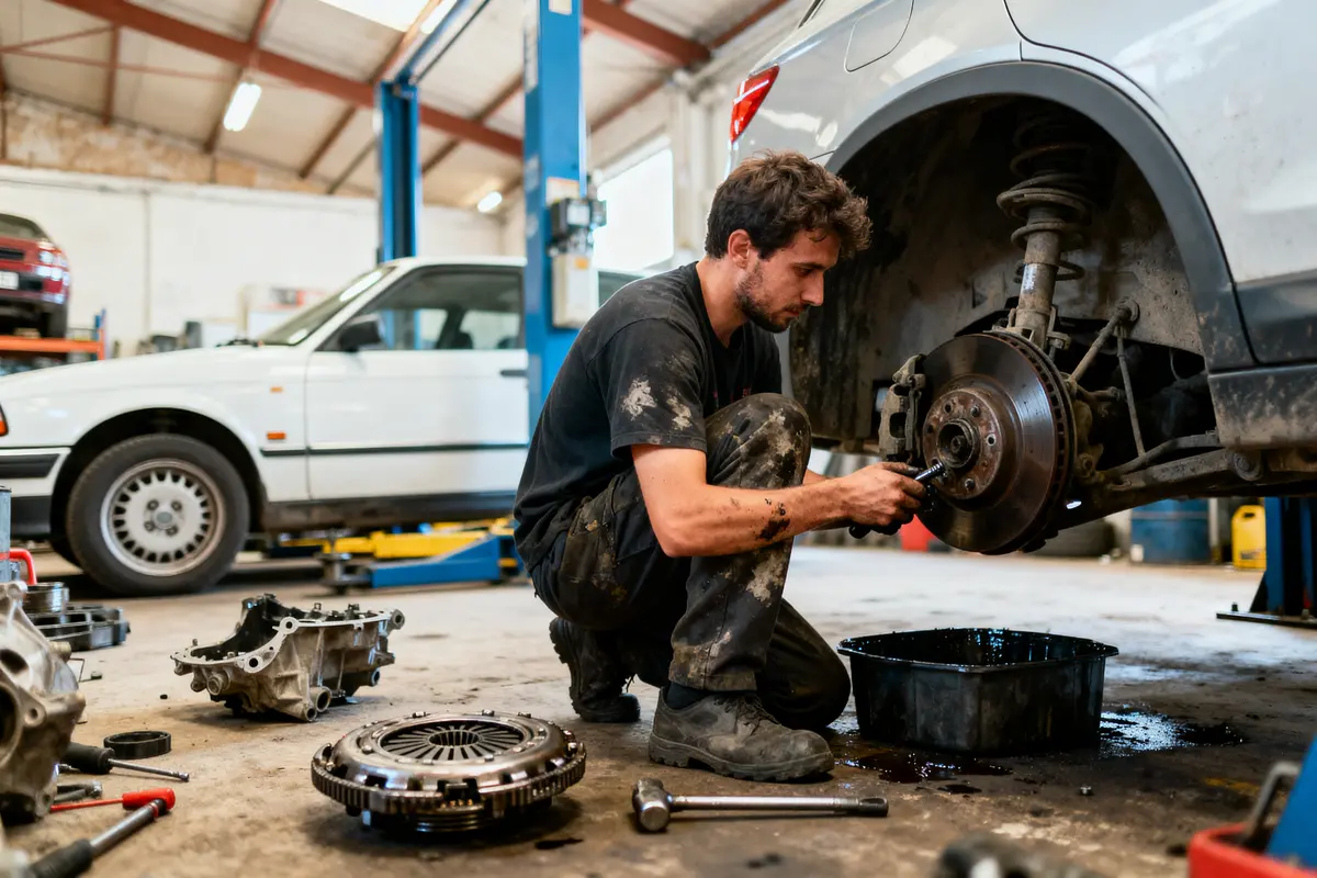 Mécanicien réparant une voiture dans un garage, entouré de pièces détachées et d'outils, sol taché d'huile.