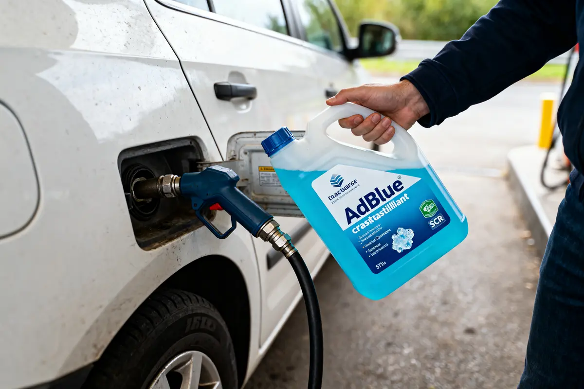 Personne versant de l'AdBlue dans le réservoir d'une voiture blanche, à une station-service.