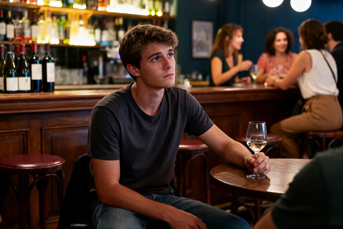 Un homme assis, verre de vin à la main, dans un bar animé avec des personnes en arrière-plan.