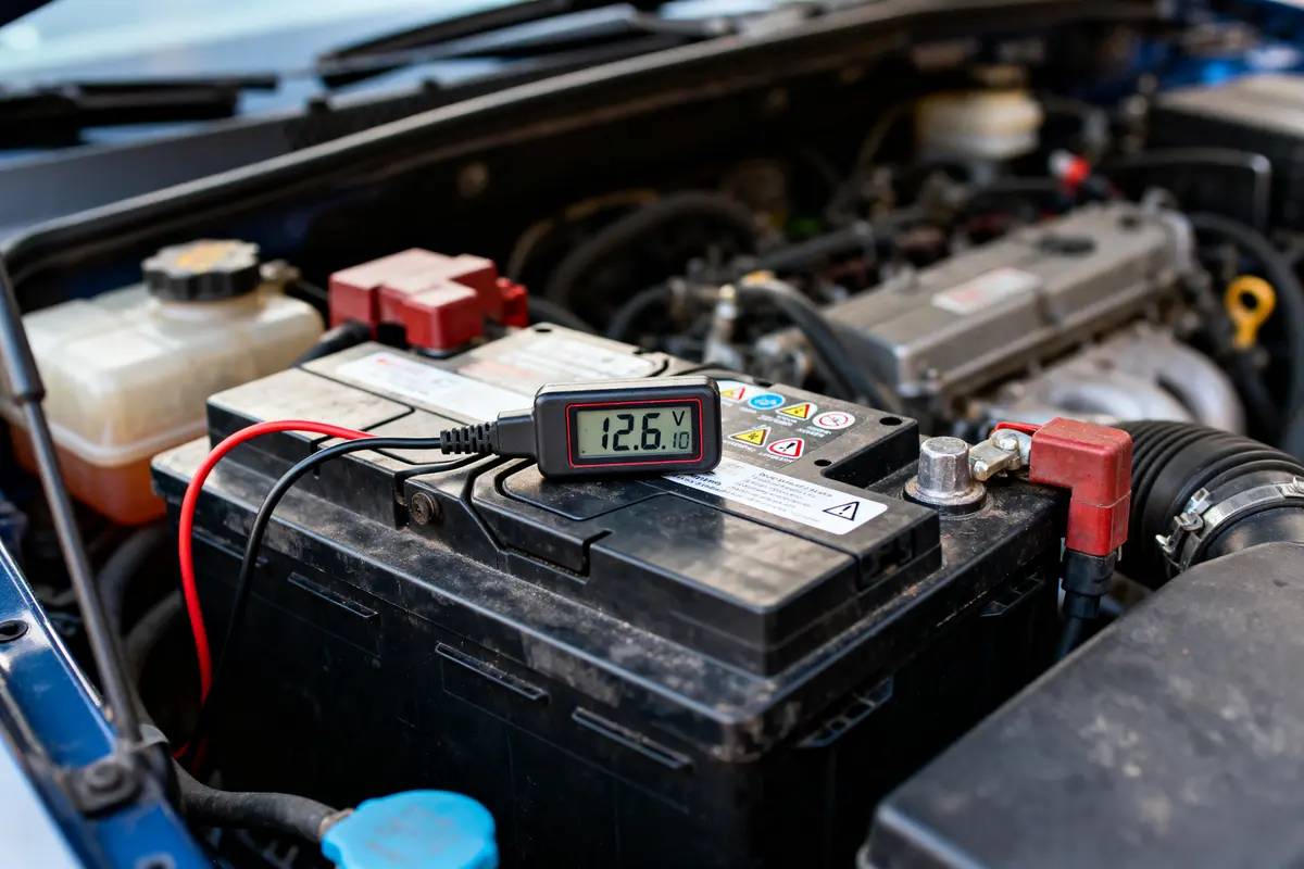 Un voltmètre affiche 12,6V sur une batterie de voiture sous un capot ouvert.