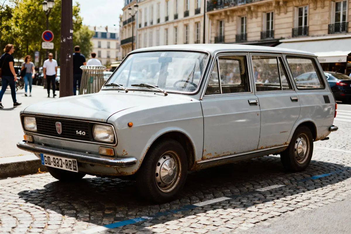 Fiat 128 Station Wagon vintage garée sur une rue pavée en ville