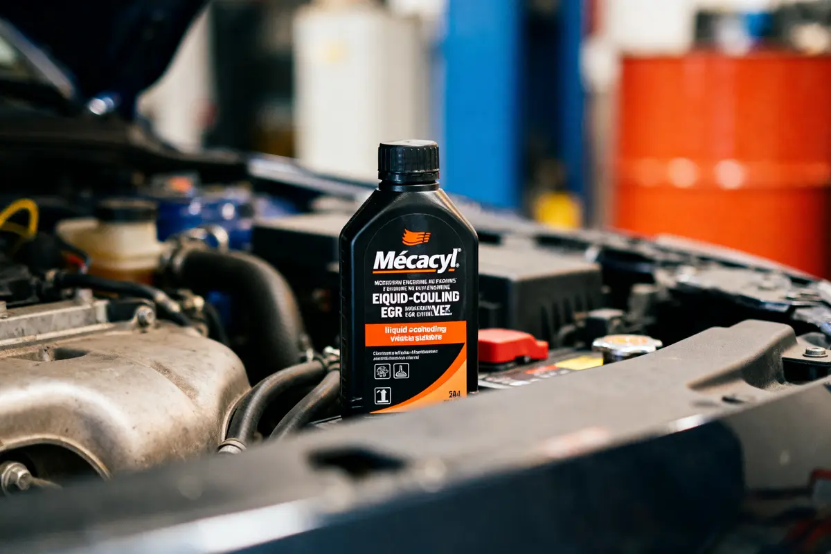 Flacon de Mécacyl sur moteur automobile avec mention Mécacyl dangereux pour utilisation incorrecte