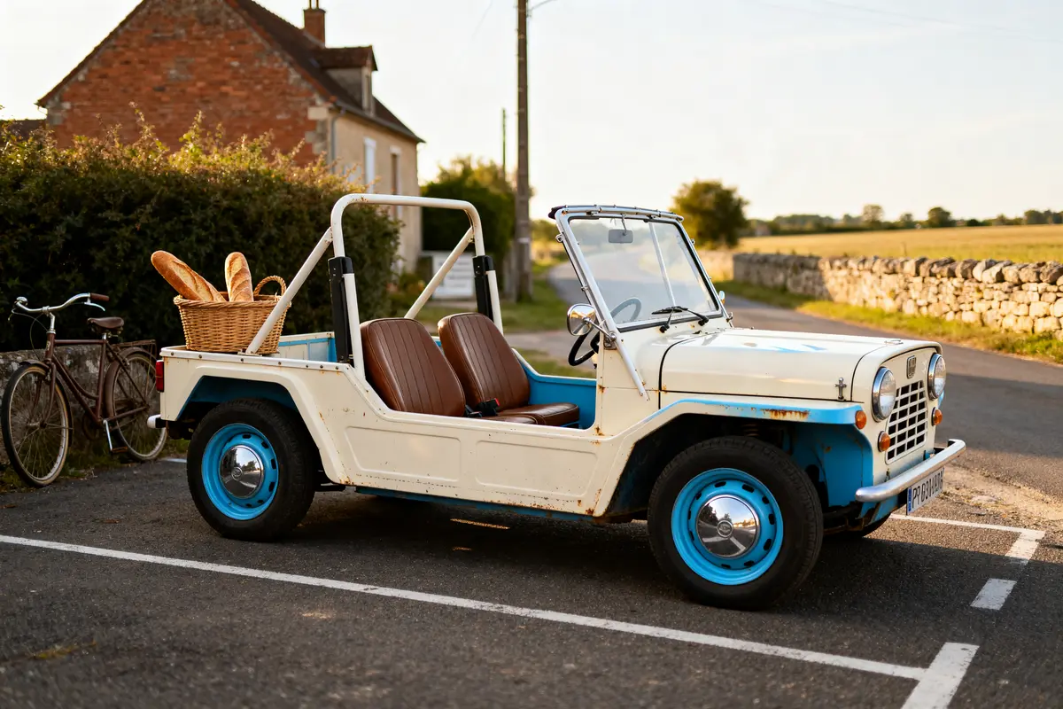 Mini Moke blanche avec paniers de baguettes garée près d'une maison en pierre.