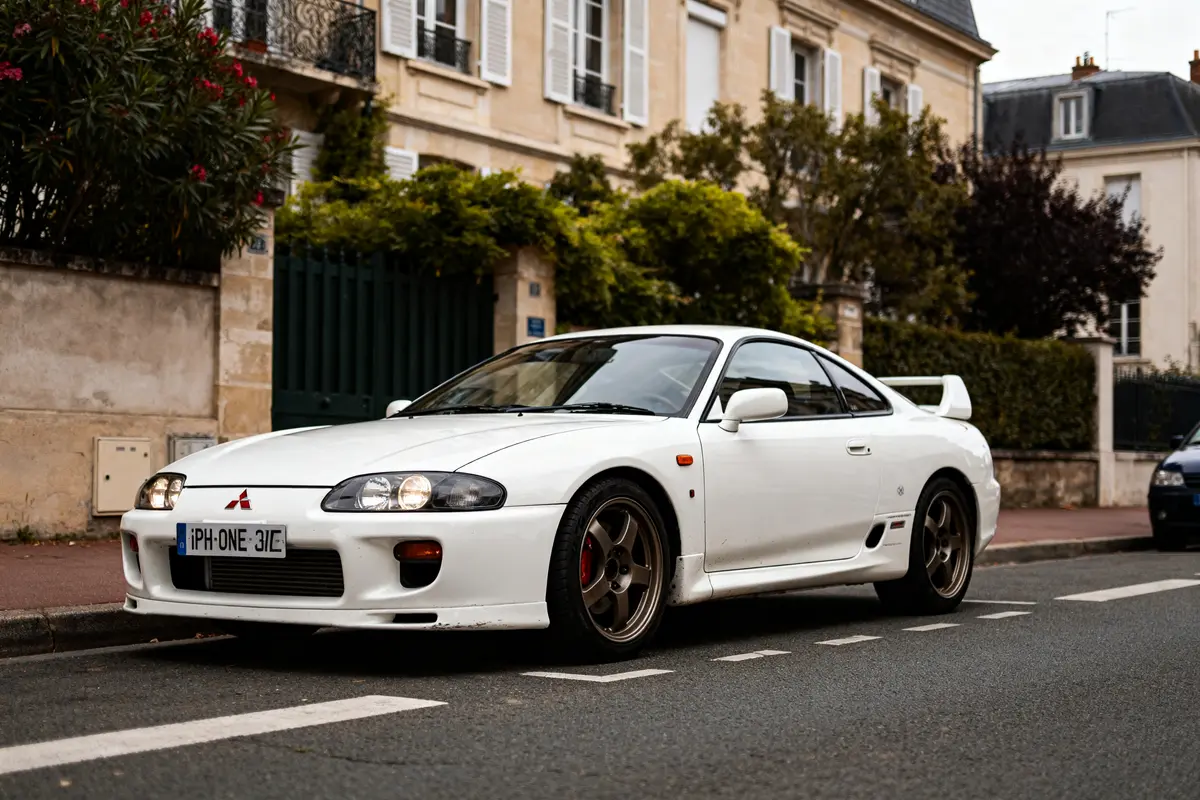 Voiture Mitsubishi FTO coupé blanche garée sur une rue résidentielle avec maisons en arrière-plan