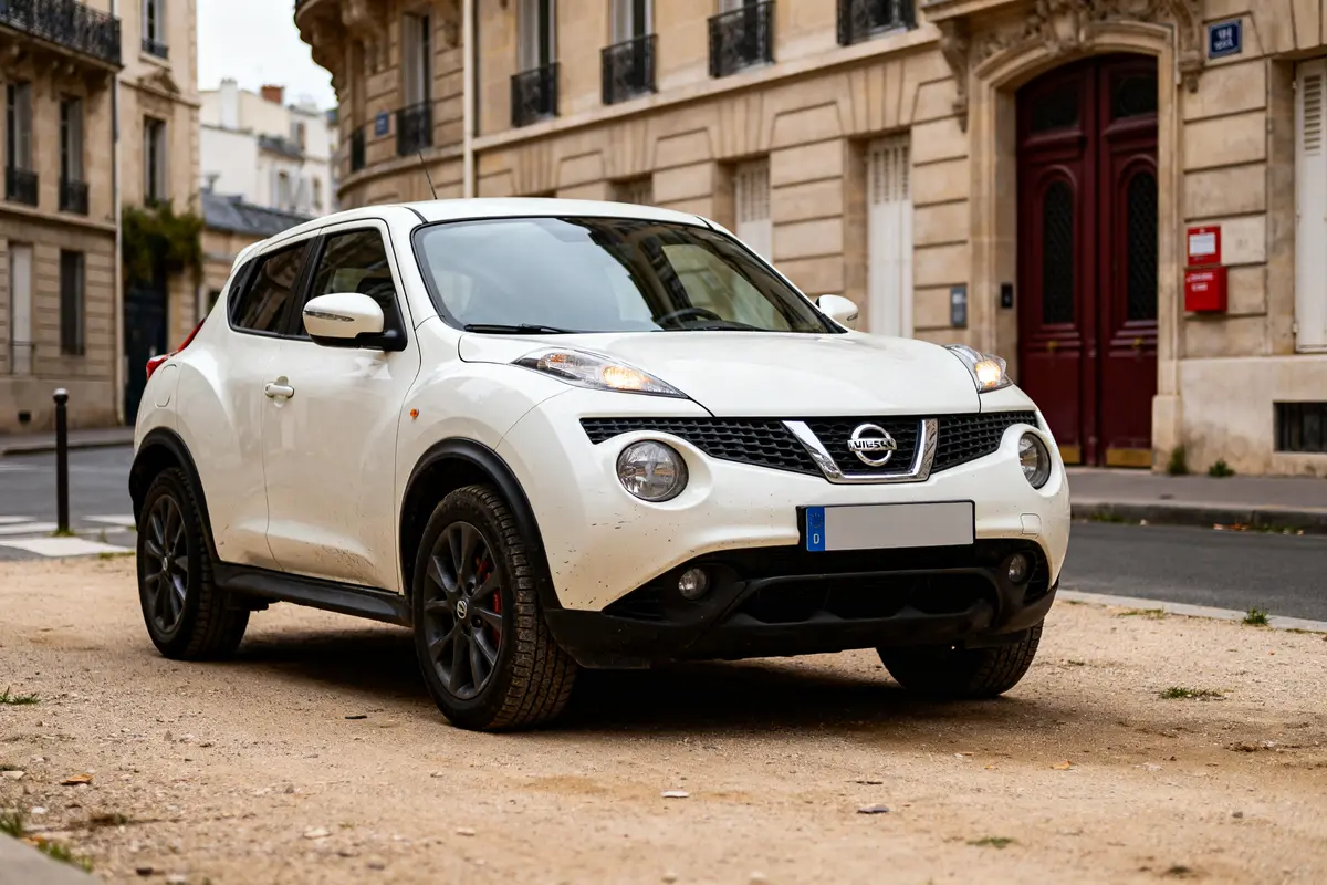 Nissan Juke blanc stationné devant immeuble haussmannien en ville