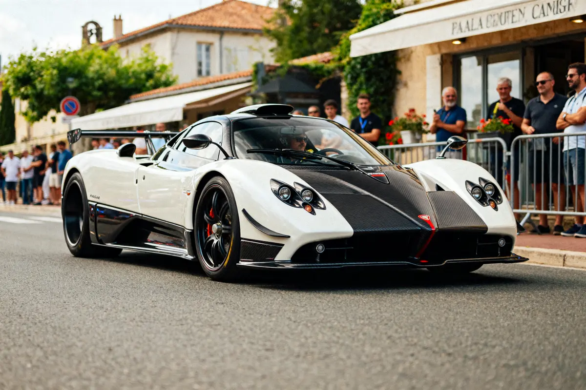 Pagani Zonda supercar blanche sur route, admirée par des spectateurs en ville
