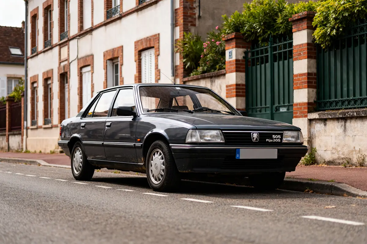 Voiture Pijo 505 noire garée dans une rue résidentielle devant une maison ancienne