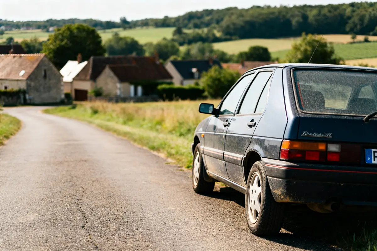 Voiture Turismo garée sur une route de campagne près de maisons et paysages verdoyants